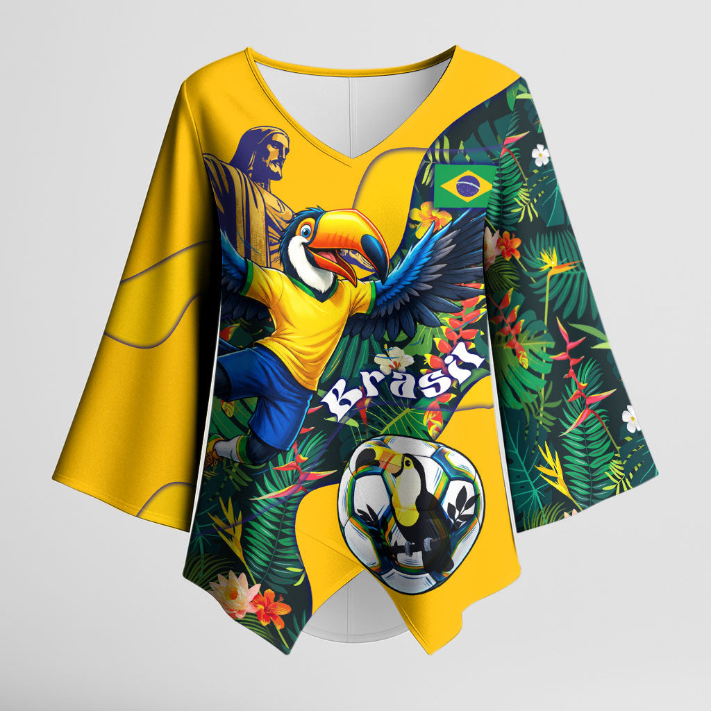 Personalized Brazil Soccer Kimono Sleeve Blouse Toucan Football Mascot - Christ the Redeemer - Tropical Floral