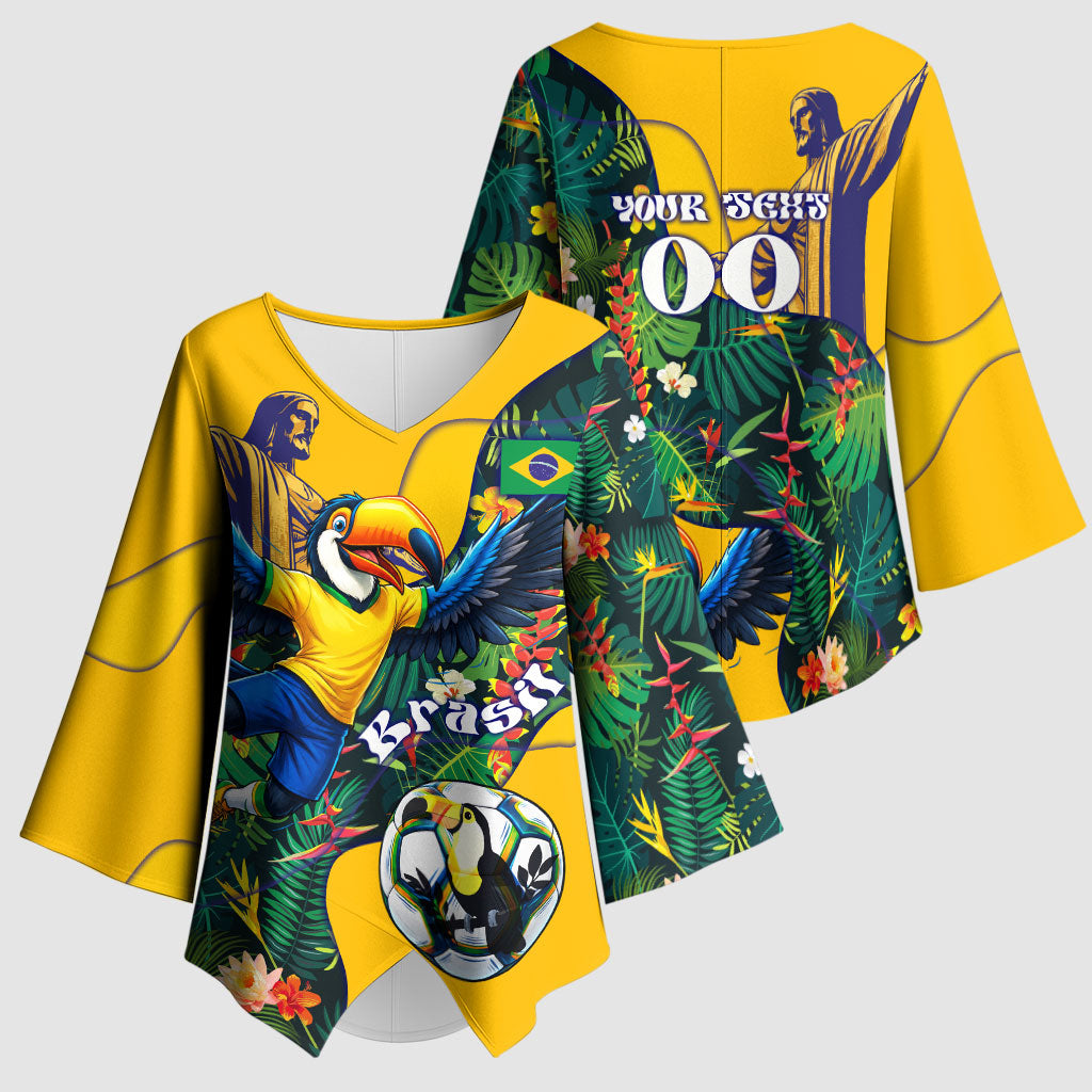 Personalized Brazil Soccer Kimono Sleeve Blouse Toucan Football Mascot - Christ the Redeemer - Tropical Floral