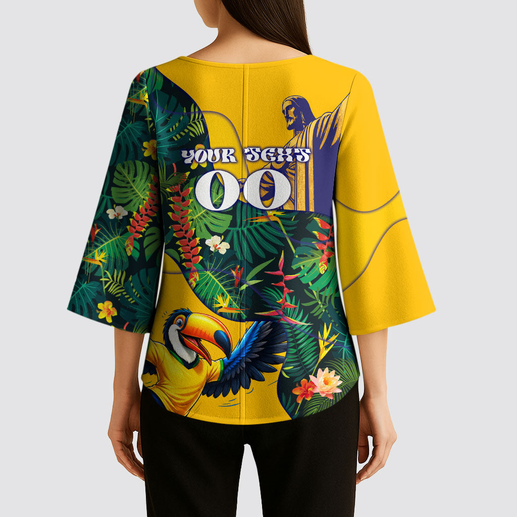 Personalized Brazil Soccer Kimono Sleeve Blouse Toucan Football Mascot - Christ the Redeemer - Tropical Floral