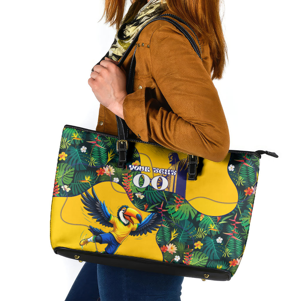 Personalized Brazil Soccer Leather Tote Bag Toucan Football Mascot - Christ the Redeemer - Tropical Floral