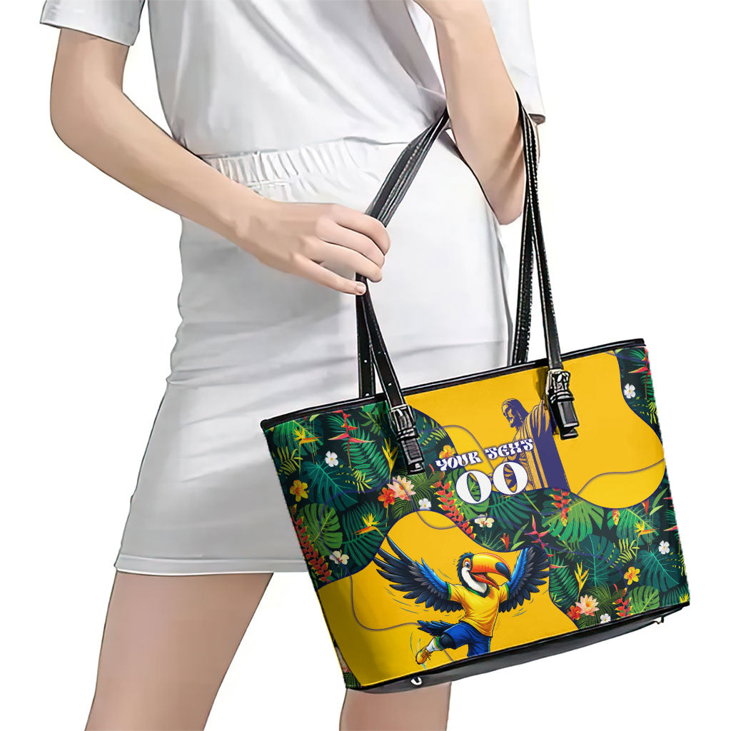 Personalized Brazil Soccer Leather Tote Bag Toucan Football Mascot - Christ the Redeemer - Tropical Floral