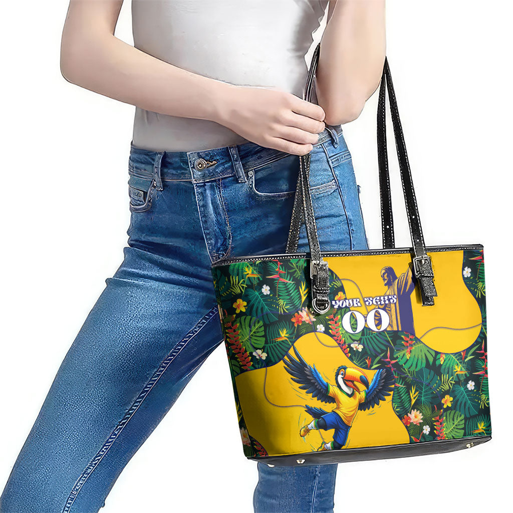 Personalized Brazil Soccer Leather Tote Bag Toucan Football Mascot - Christ the Redeemer - Tropical Floral