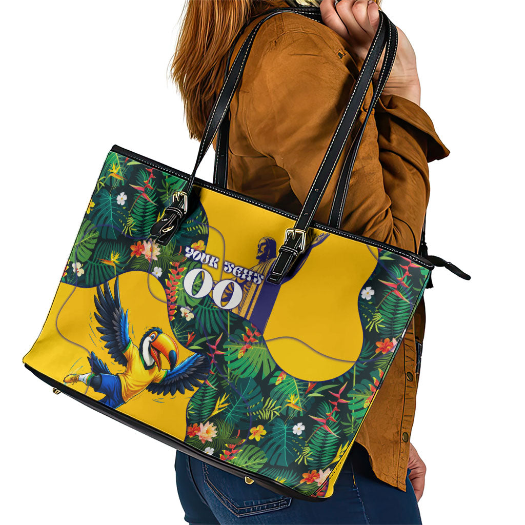 Personalized Brazil Soccer Leather Tote Bag Toucan Football Mascot - Christ the Redeemer - Tropical Floral