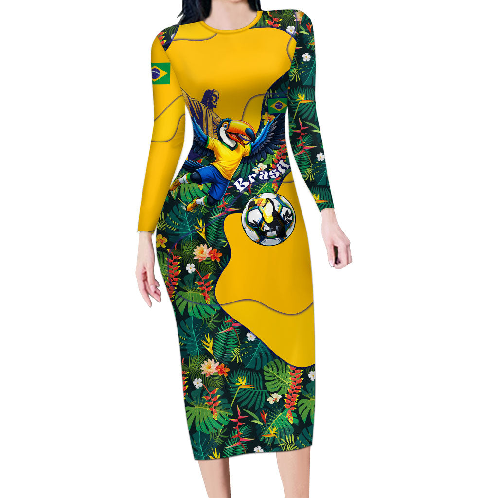 Personalized Brazil Soccer Long Sleeve Bodycon Dress Toucan Football Mascot - Christ the Redeemer - Tropical Floral