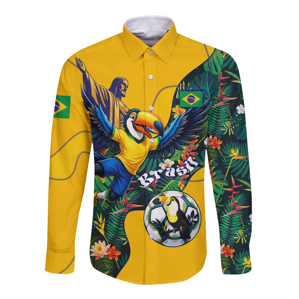 Personalized Brazil Soccer Long Sleeve Button Shirt Toucan Football Mascot - Christ the Redeemer - Tropical Floral