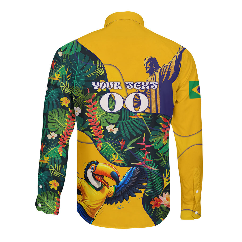 Personalized Brazil Soccer Long Sleeve Button Shirt Toucan Football Mascot - Christ the Redeemer - Tropical Floral