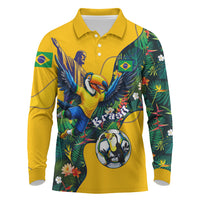 Personalized Brazil Soccer Long Sleeve Polo Shirt Toucan Football Mascot - Christ the Redeemer - Tropical Floral