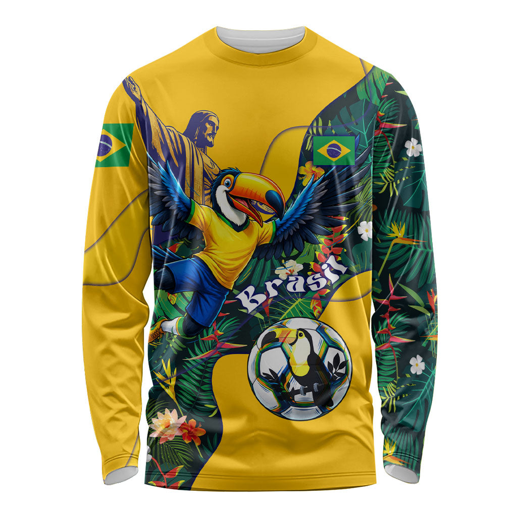 Personalized Brazil Soccer Long Sleeve Shirt Toucan Football Mascot - Christ the Redeemer - Tropical Floral