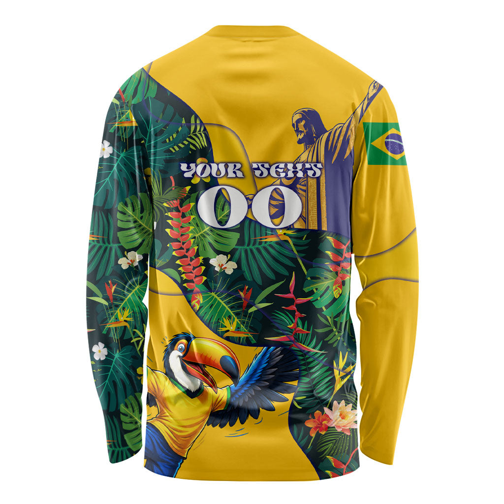 Personalized Brazil Soccer Long Sleeve Shirt Toucan Football Mascot - Christ the Redeemer - Tropical Floral