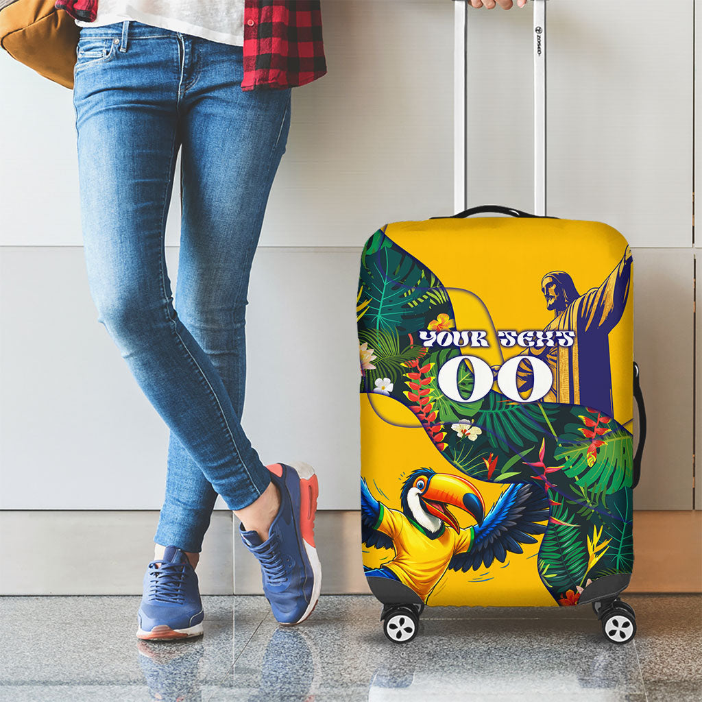 Personalized Brazil Soccer Luggage Cover Toucan Football Mascot - Christ the Redeemer - Tropical Floral