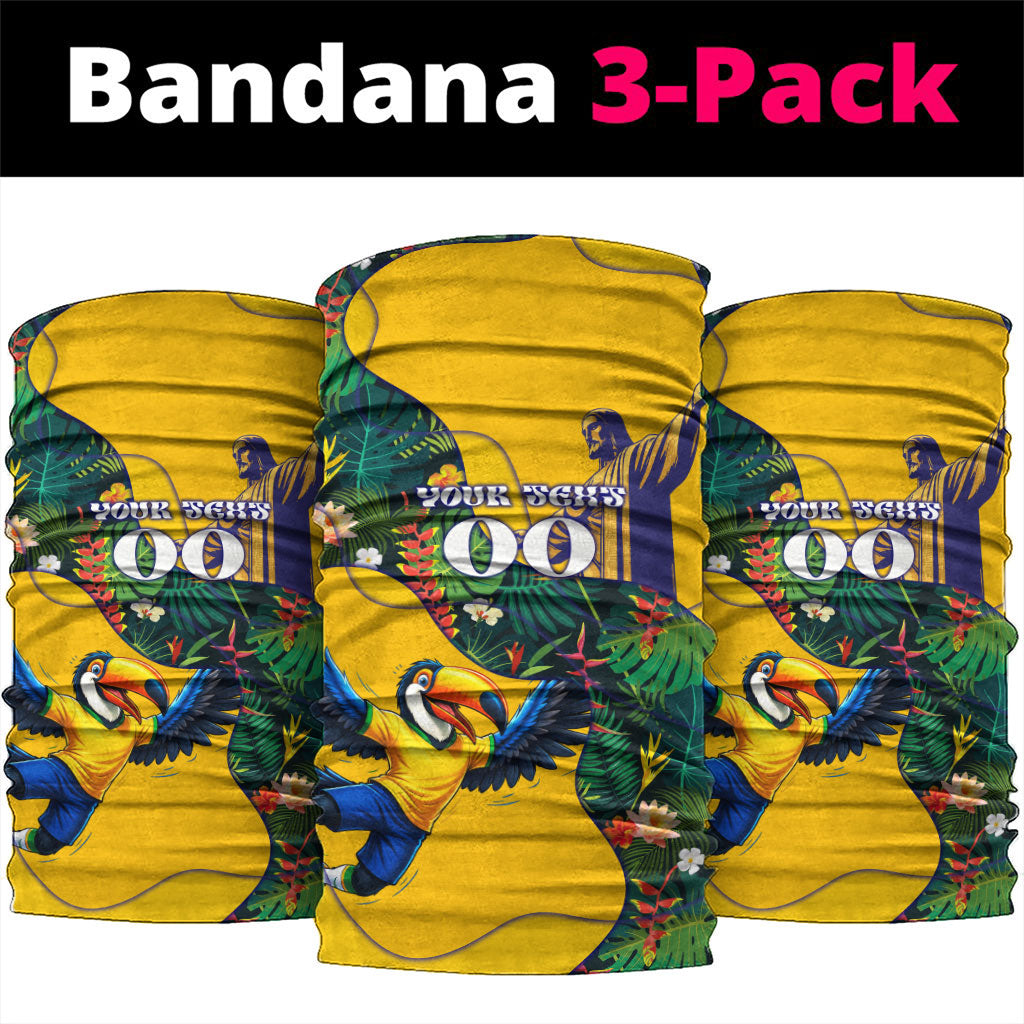 Personalized Brazil Soccer Neck Gaiter Toucan Football Mascot - Christ the Redeemer - Tropical Floral