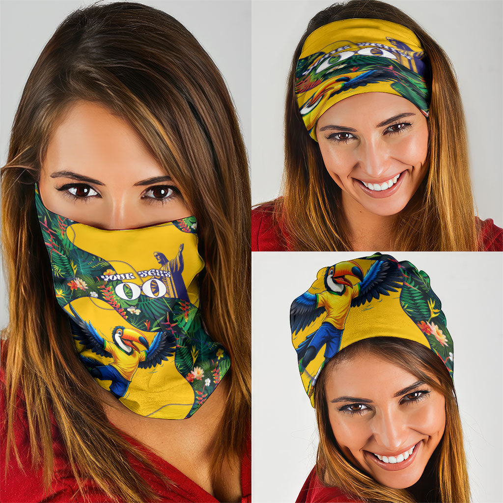 Personalized Brazil Soccer Neck Gaiter Toucan Football Mascot - Christ the Redeemer - Tropical Floral