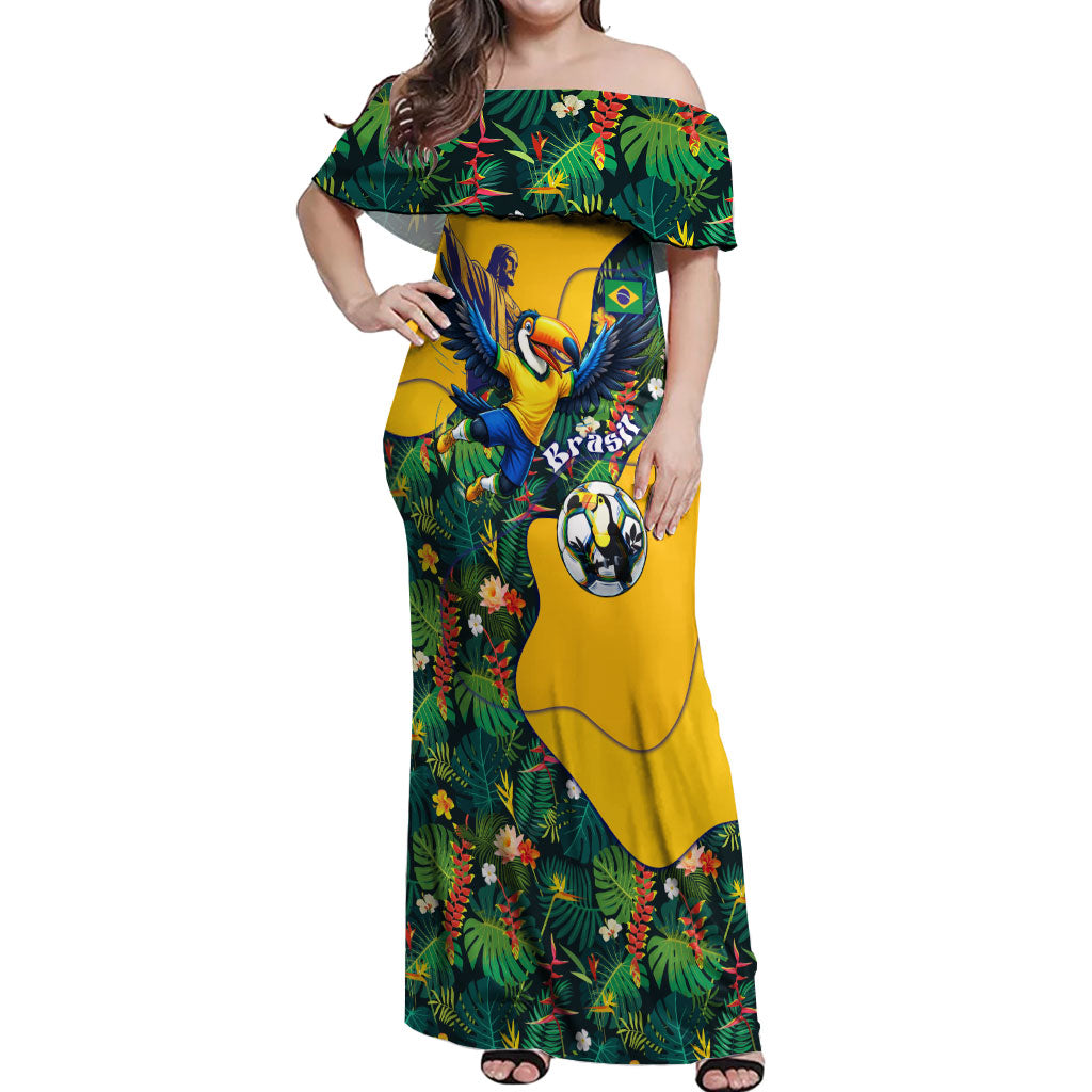 Personalized Brazil Soccer Off Shoulder Maxi Dress Toucan Football Mascot - Christ the Redeemer - Tropical Floral