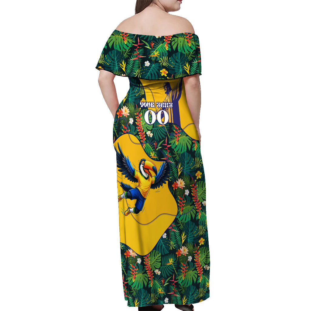 Personalized Brazil Soccer Off Shoulder Maxi Dress Toucan Football Mascot - Christ the Redeemer - Tropical Floral