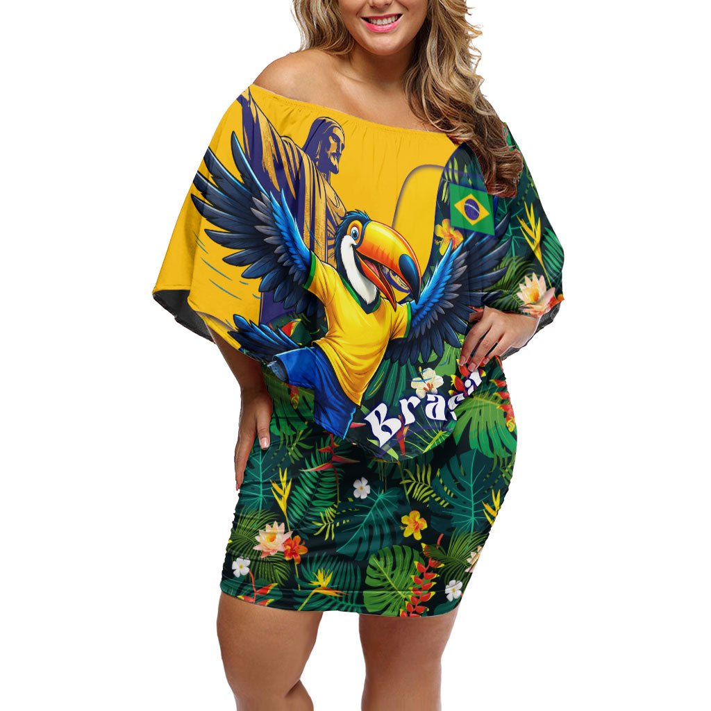 Personalized Brazil Soccer Off Shoulder Short Dress Toucan Football Mascot - Christ the Redeemer - Tropical Floral
