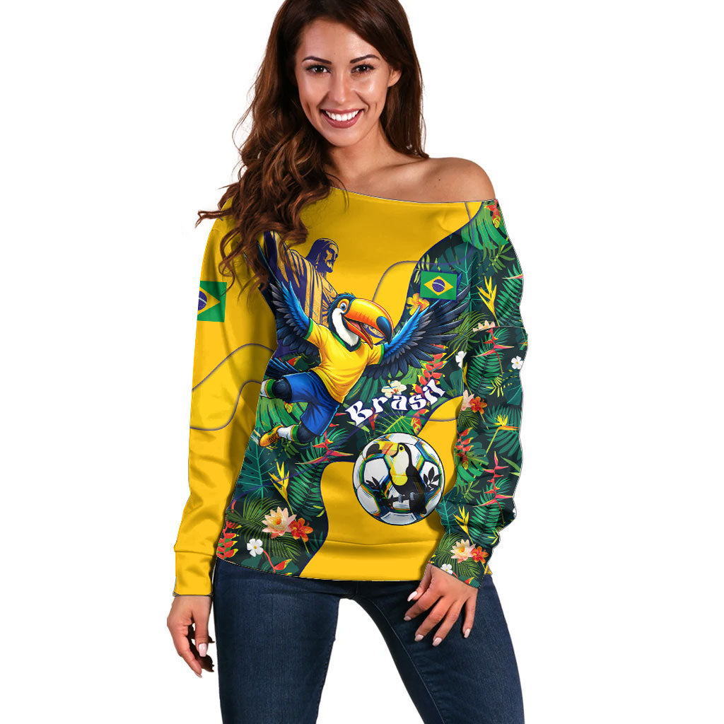 Personalized Brazil Soccer Off Shoulder Sweater Toucan Football Mascot - Christ the Redeemer - Tropical Floral