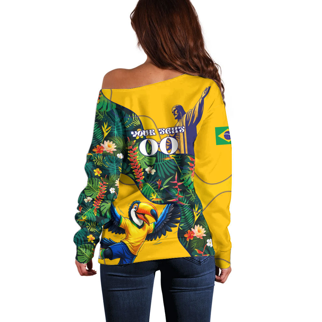 Personalized Brazil Soccer Off Shoulder Sweater Toucan Football Mascot - Christ the Redeemer - Tropical Floral