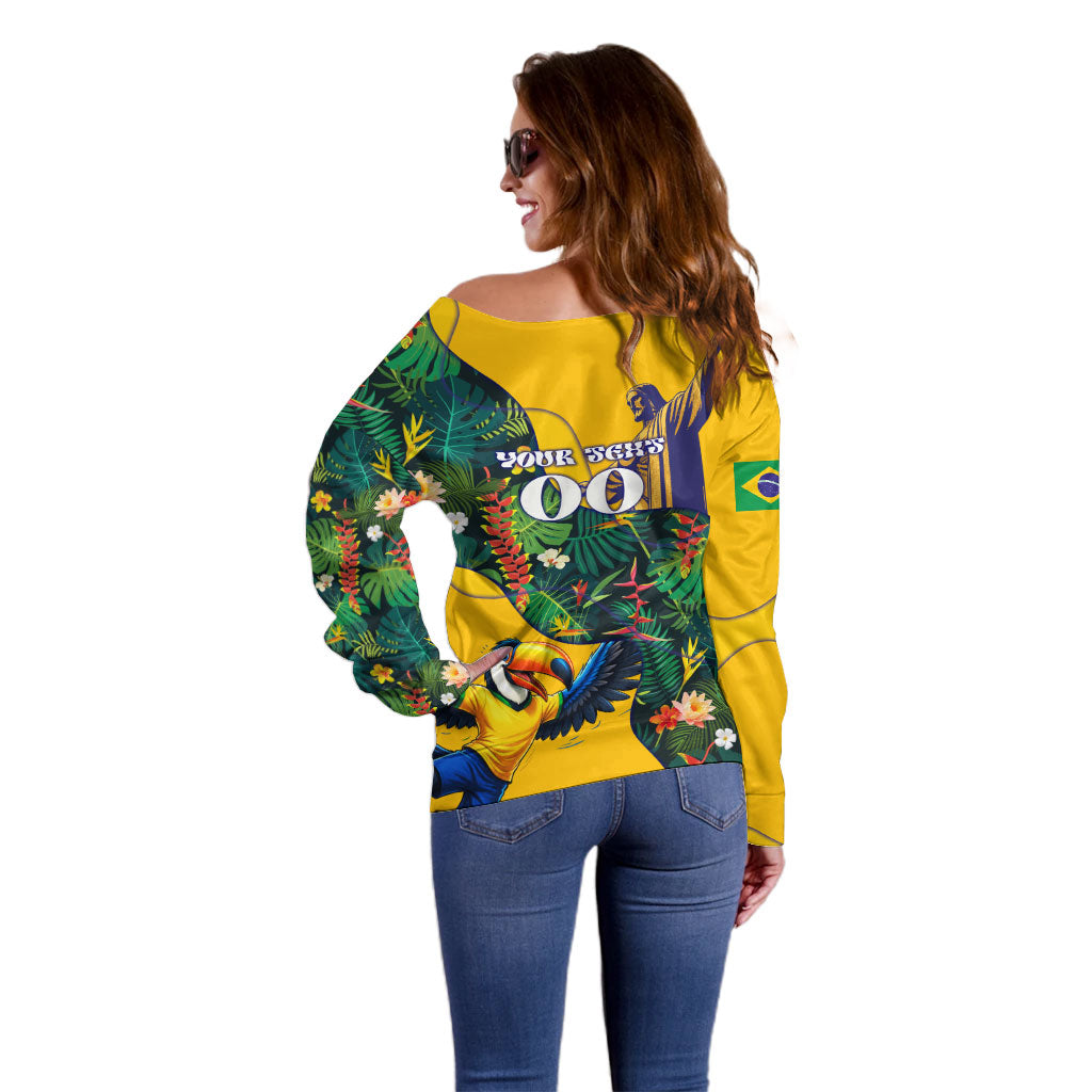 Personalized Brazil Soccer Off Shoulder Sweater Toucan Football Mascot - Christ the Redeemer - Tropical Floral