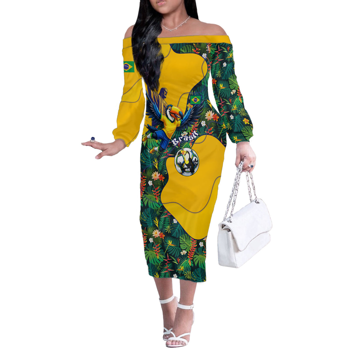 Personalized Brazil Soccer Off The Shoulder Long Sleeve Dress Toucan Football Mascot - Christ the Redeemer - Tropical Floral