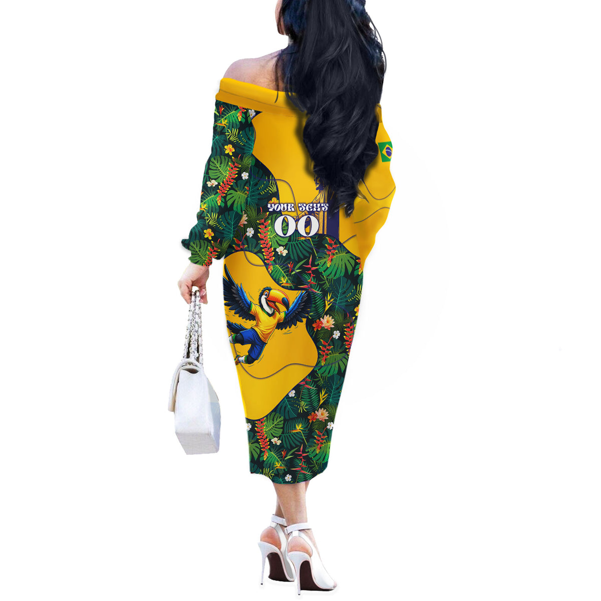 Personalized Brazil Soccer Off The Shoulder Long Sleeve Dress Toucan Football Mascot - Christ the Redeemer - Tropical Floral