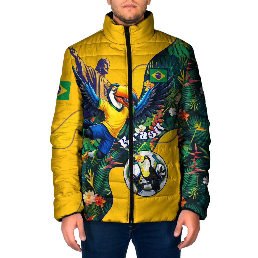 Personalized Brazil Soccer Padded Jacket Toucan Football Mascot - Christ the Redeemer - Tropical Floral