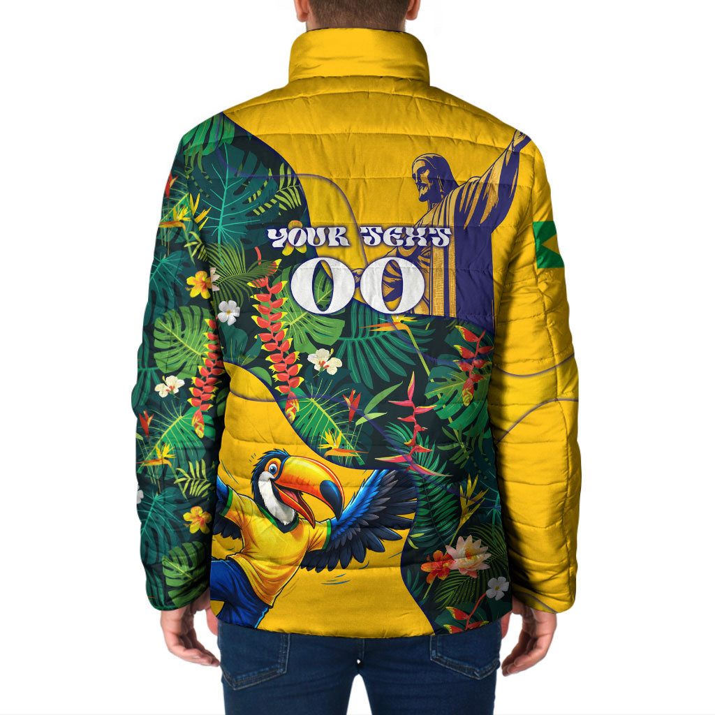 Personalized Brazil Soccer Padded Jacket Toucan Football Mascot - Christ the Redeemer - Tropical Floral