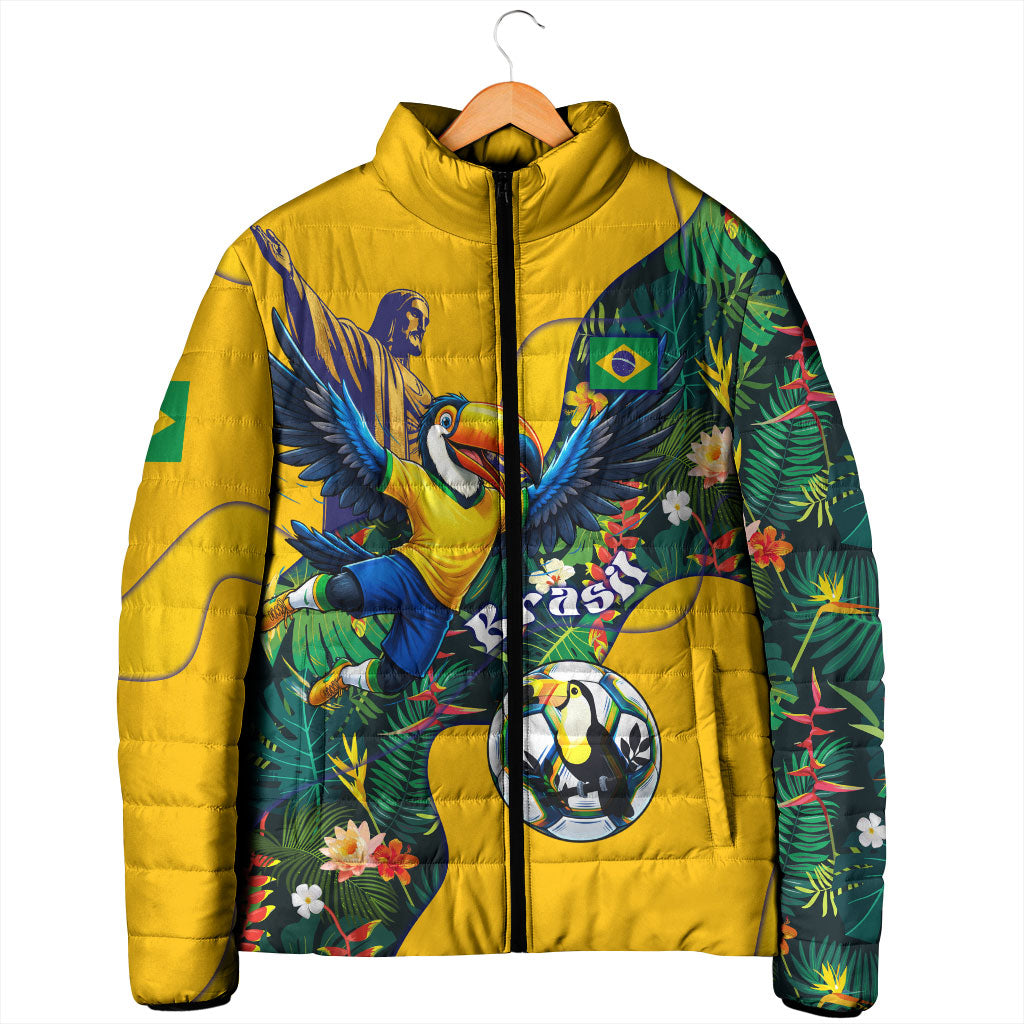 Personalized Brazil Soccer Padded Jacket Toucan Football Mascot - Christ the Redeemer - Tropical Floral