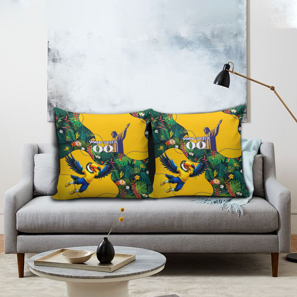 Personalized Brazil Soccer Pillow Cover Toucan Football Mascot - Christ the Redeemer - Tropical Floral
