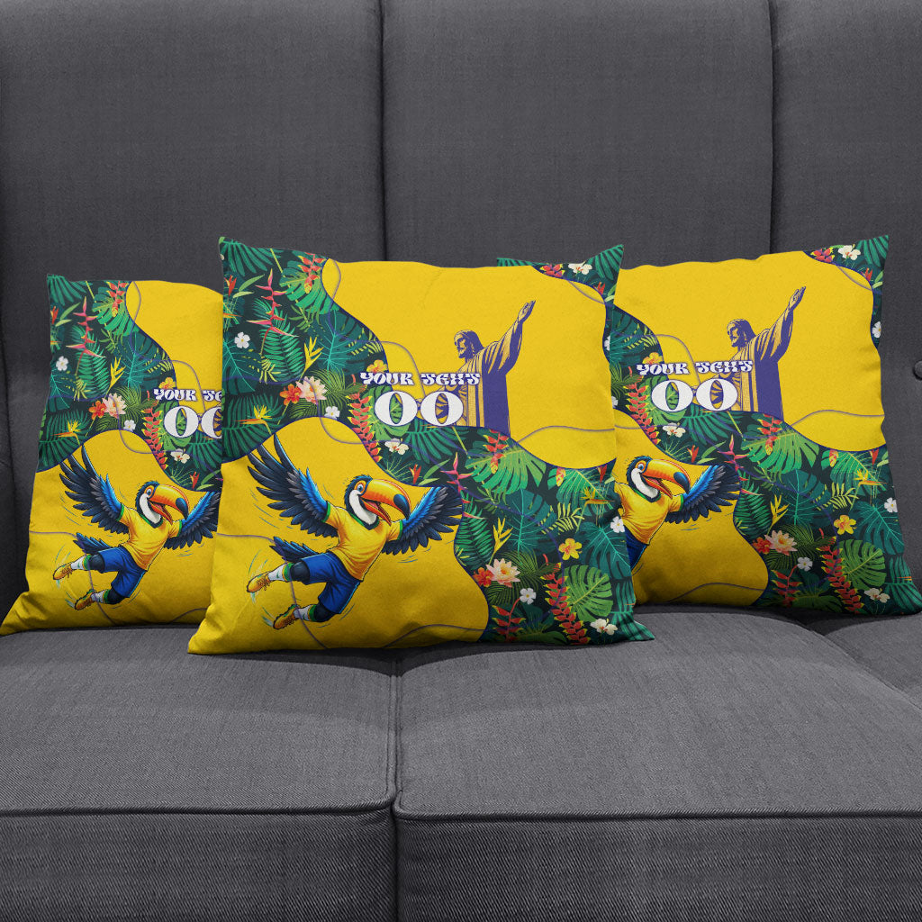 Personalized Brazil Soccer Pillow Cover Toucan Football Mascot - Christ the Redeemer - Tropical Floral
