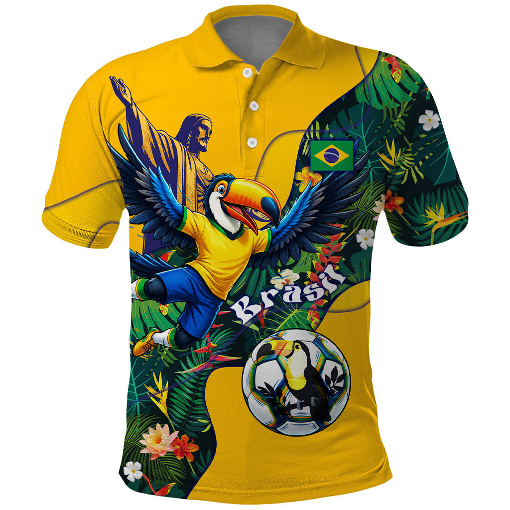 Personalized Brazil Soccer Polo Shirt Toucan Football Mascot - Christ the Redeemer - Tropical Floral