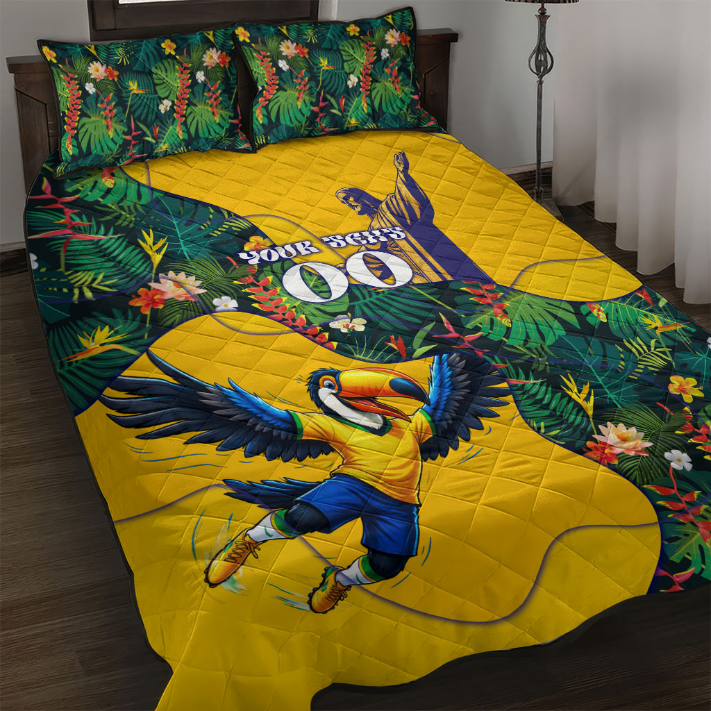 Personalized Brazil Soccer Quilt Bed Set Toucan Football Mascot - Christ the Redeemer - Tropical Floral