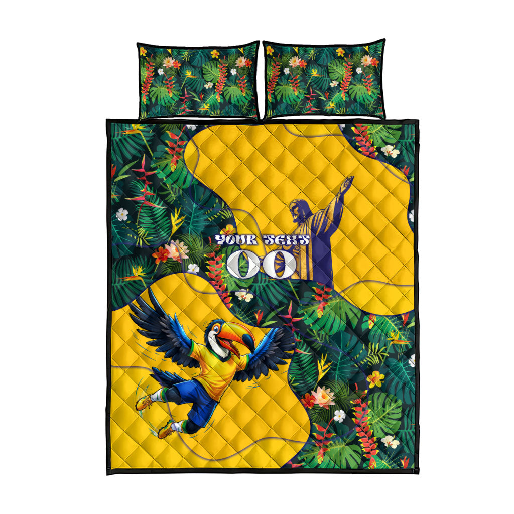 Personalized Brazil Soccer Quilt Bed Set Toucan Football Mascot - Christ the Redeemer - Tropical Floral