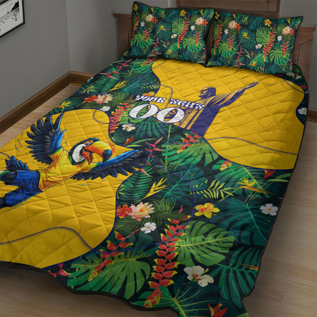 Personalized Brazil Soccer Quilt Bed Set Toucan Football Mascot - Christ the Redeemer - Tropical Floral