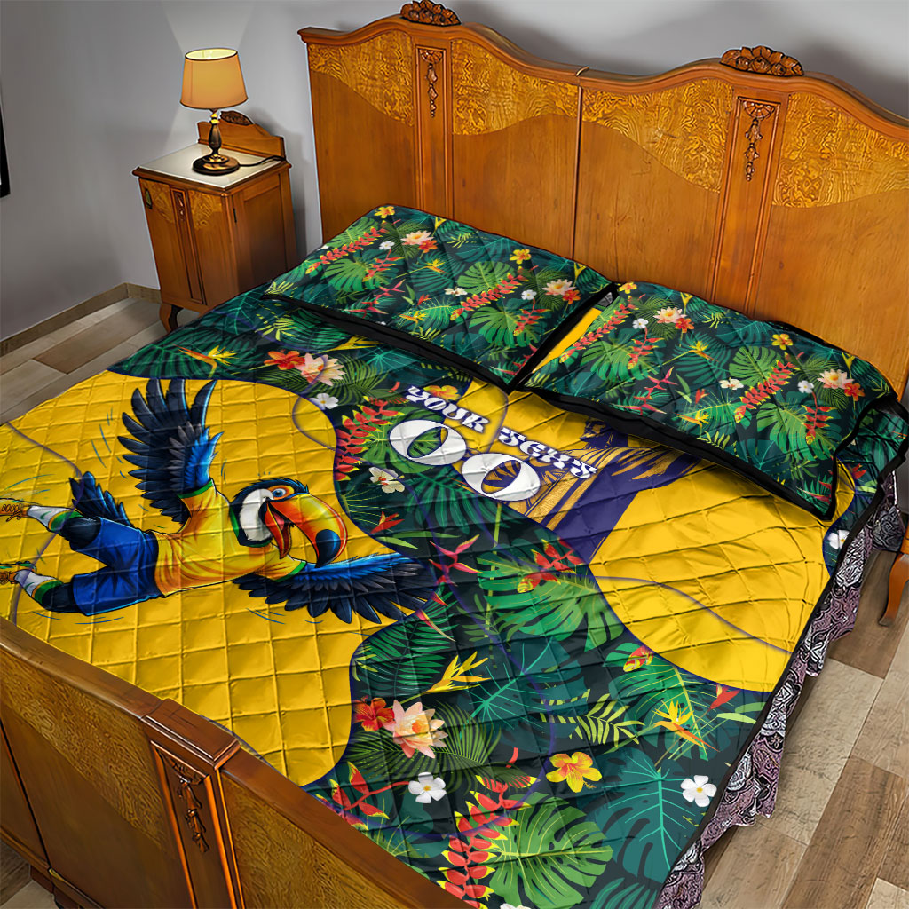 Personalized Brazil Soccer Quilt Bed Set Toucan Football Mascot - Christ the Redeemer - Tropical Floral