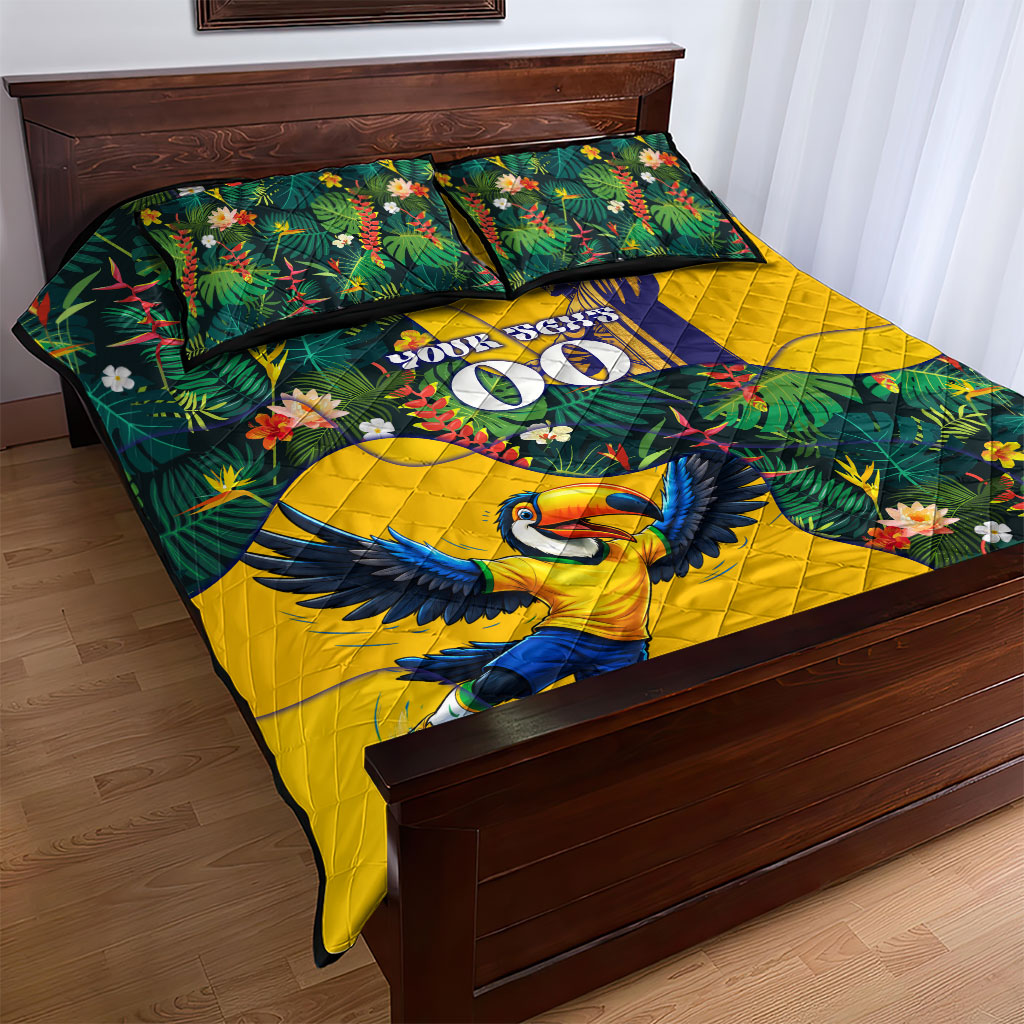 Personalized Brazil Soccer Quilt Bed Set Toucan Football Mascot - Christ the Redeemer - Tropical Floral