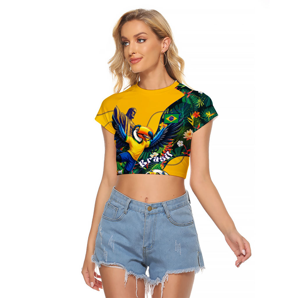 Personalized Brazil Soccer Raglan Cropped T Shirt Toucan Football Mascot - Christ the Redeemer - Tropical Floral