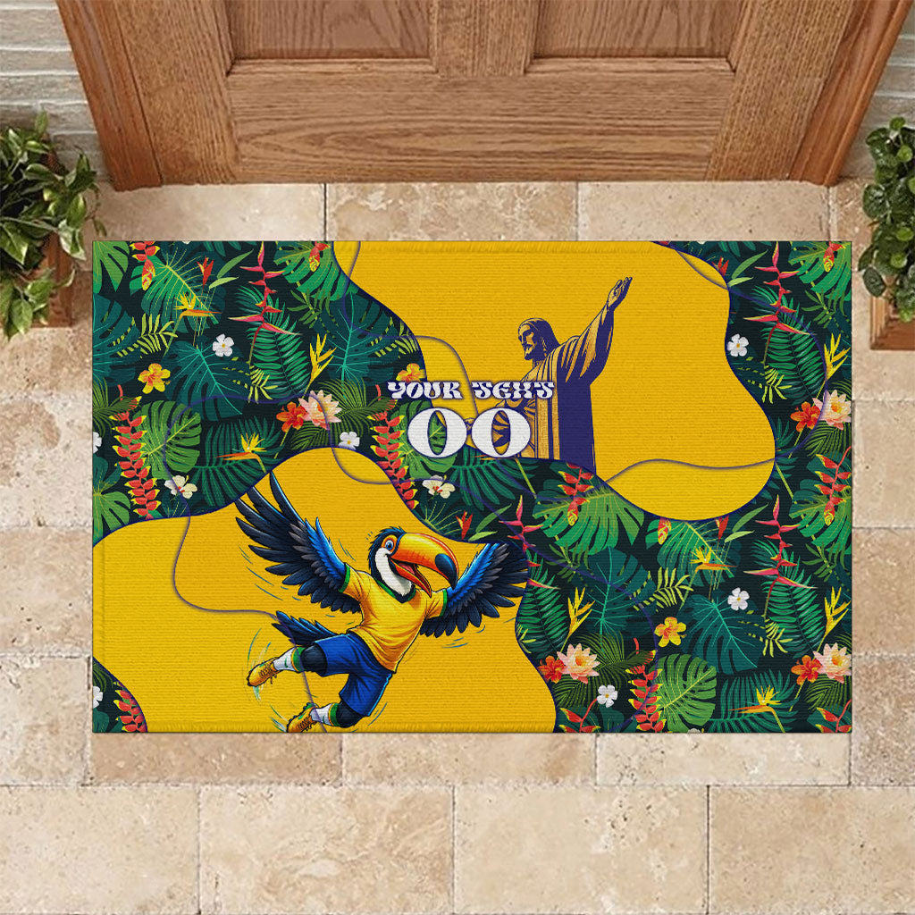 Personalized Brazil Soccer Rubber Doormat Toucan Football Mascot - Christ the Redeemer - Tropical Floral