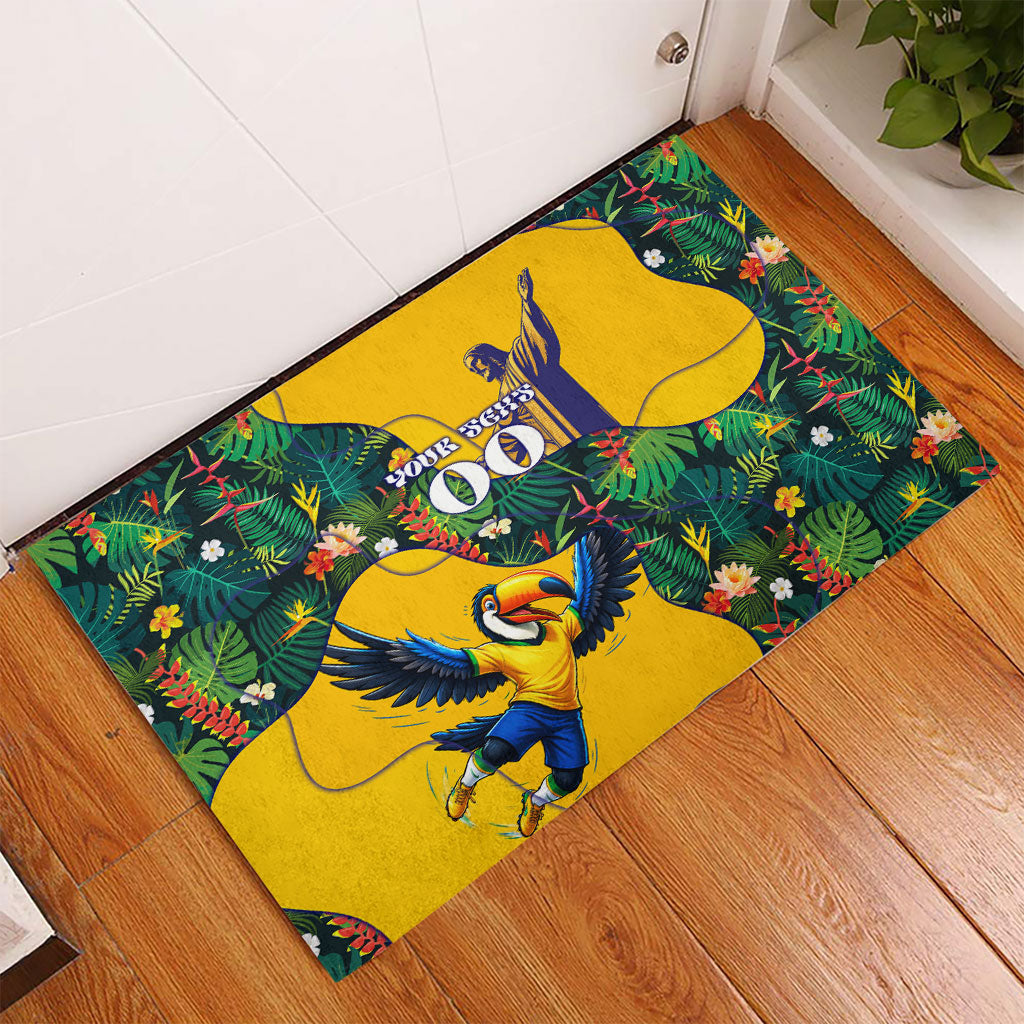 Personalized Brazil Soccer Rubber Doormat Toucan Football Mascot - Christ the Redeemer - Tropical Floral