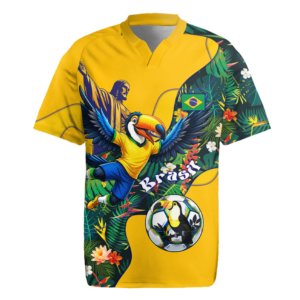 Personalized Brazil Soccer Rugby Jersey Toucan Football Mascot - Christ the Redeemer - Tropical Floral