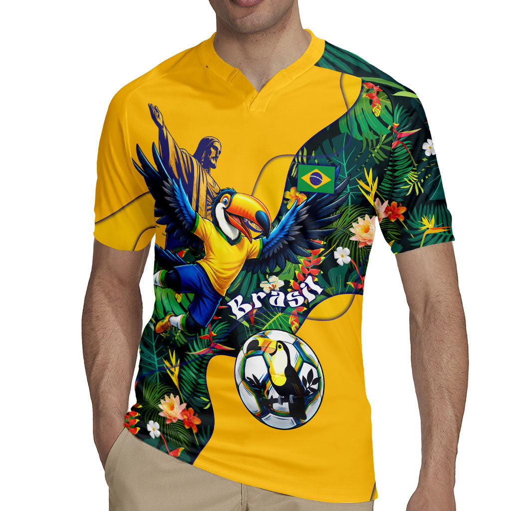 Personalized Brazil Soccer Rugby Jersey Toucan Football Mascot - Christ the Redeemer - Tropical Floral
