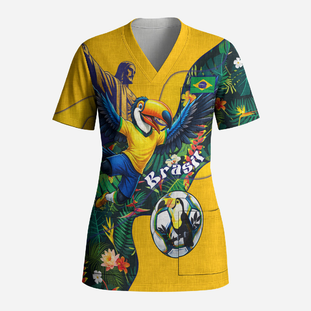 Personalized Brazil Soccer Scrub Top Toucan Football Mascot - Christ the Redeemer - Tropical Floral