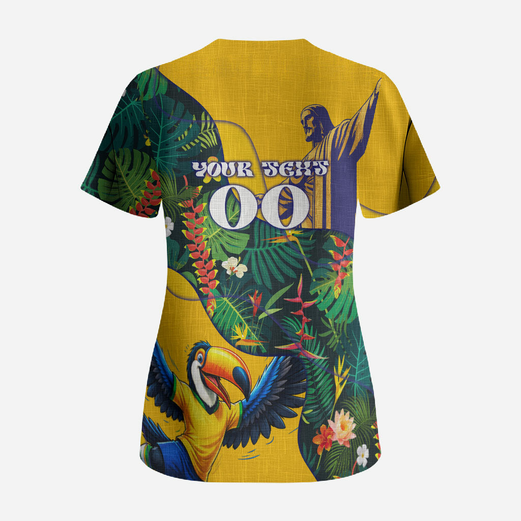 Personalized Brazil Soccer Scrub Top Toucan Football Mascot - Christ the Redeemer - Tropical Floral