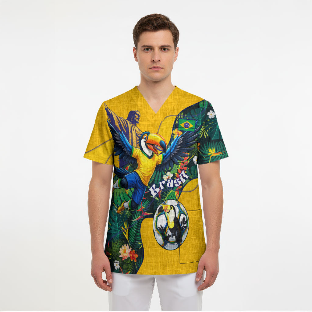 Personalized Brazil Soccer Scrub Top Toucan Football Mascot - Christ the Redeemer - Tropical Floral
