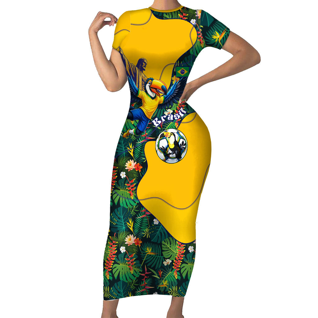 Personalized Brazil Soccer Short Sleeve Bodycon Dress Toucan Football Mascot - Christ the Redeemer - Tropical Floral