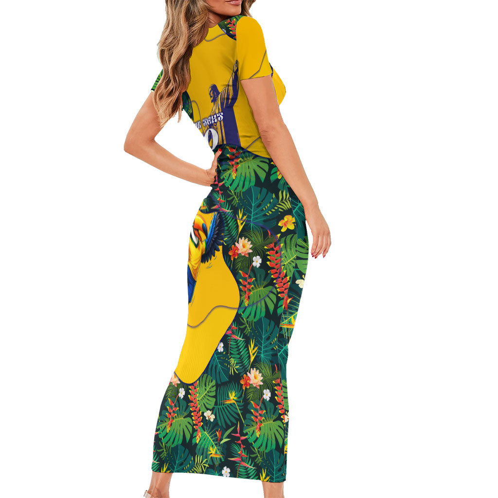 Personalized Brazil Soccer Short Sleeve Bodycon Dress Toucan Football Mascot - Christ the Redeemer - Tropical Floral