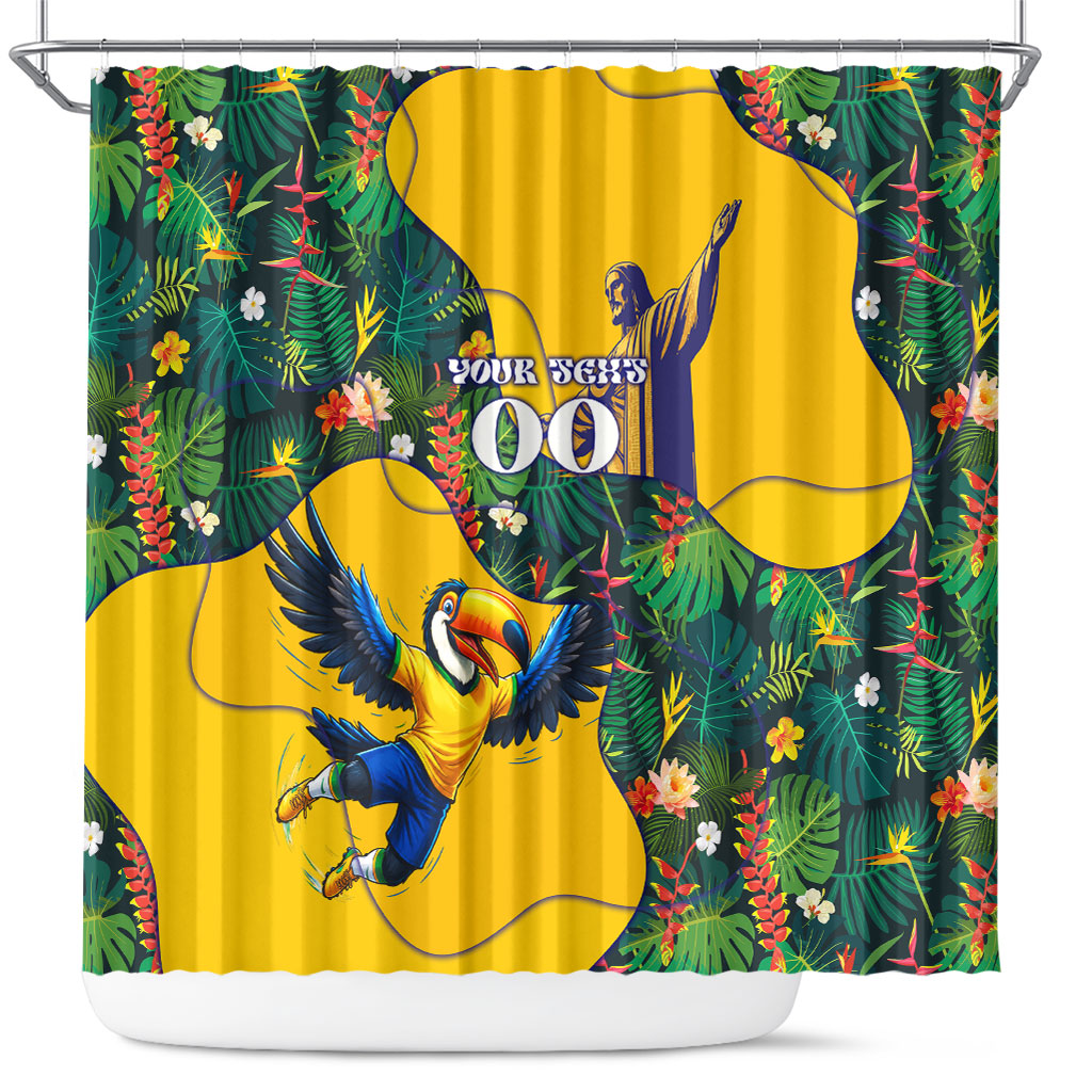 Personalized Brazil Soccer Shower Curtain Toucan Football Mascot - Christ the Redeemer - Tropical Floral
