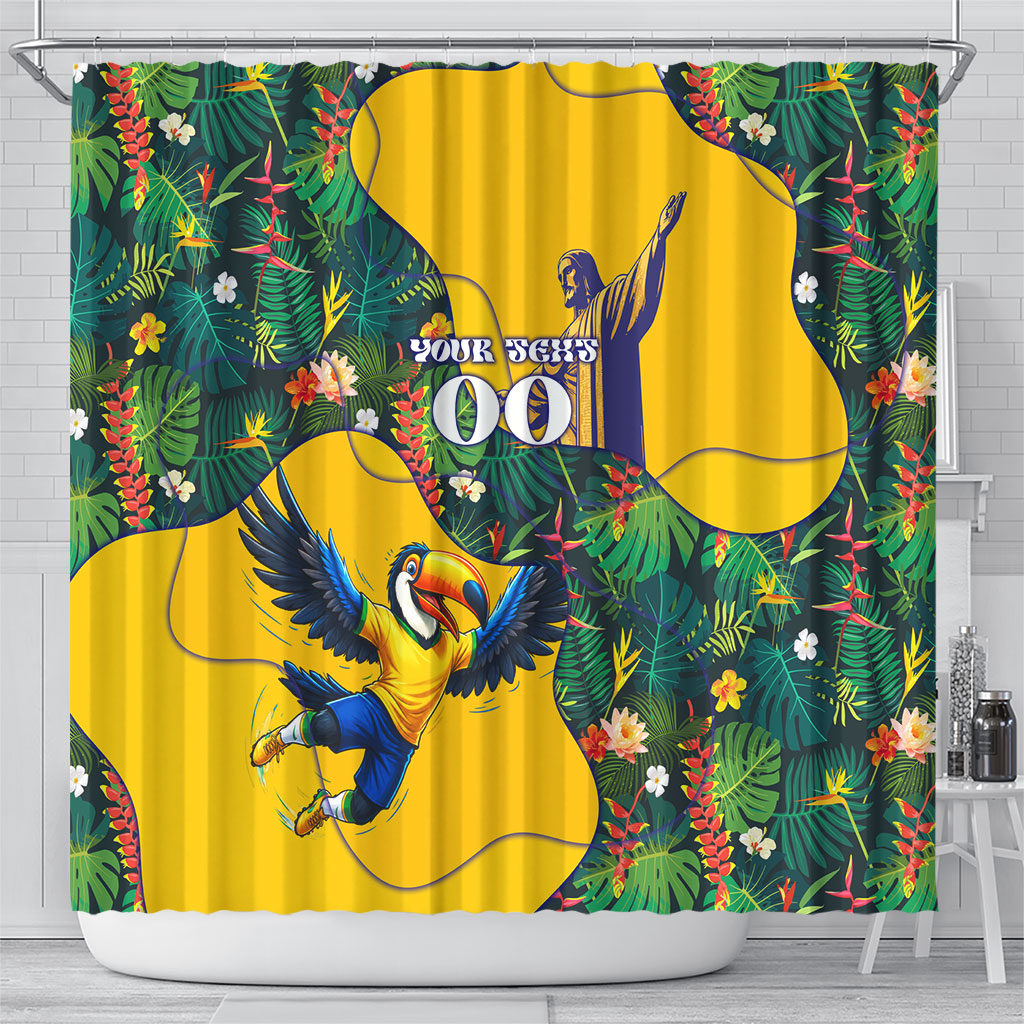 Personalized Brazil Soccer Shower Curtain Toucan Football Mascot - Christ the Redeemer - Tropical Floral