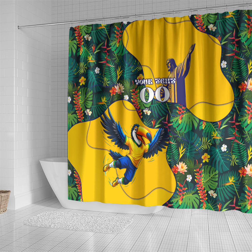 Personalized Brazil Soccer Shower Curtain Toucan Football Mascot - Christ the Redeemer - Tropical Floral