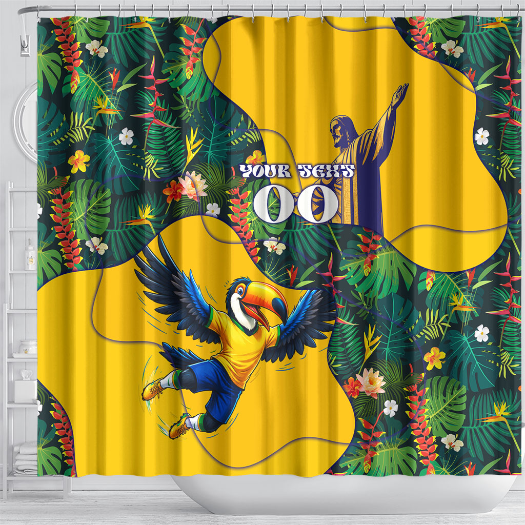 Personalized Brazil Soccer Shower Curtain Toucan Football Mascot - Christ the Redeemer - Tropical Floral