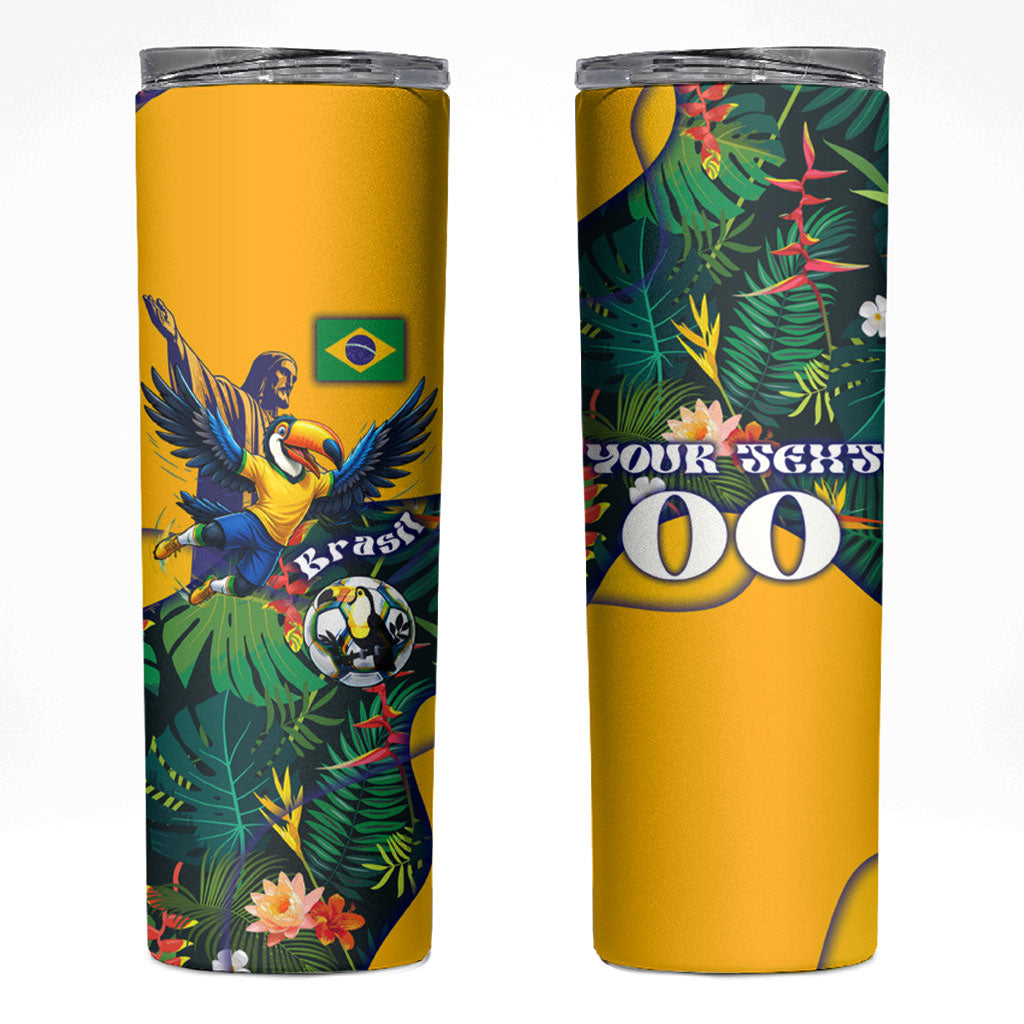 Personalized Brazil Soccer Skinny Tumbler Toucan Football Mascot - Christ the Redeemer - Tropical Floral